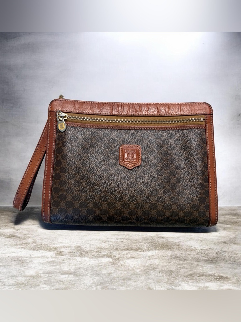 Celine Macadam Monogram Vintage Leather Wristlet Clutch Made in Italy